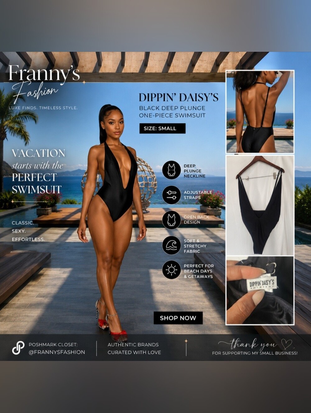 Black Deep Plunge One-Piece Swimsuit